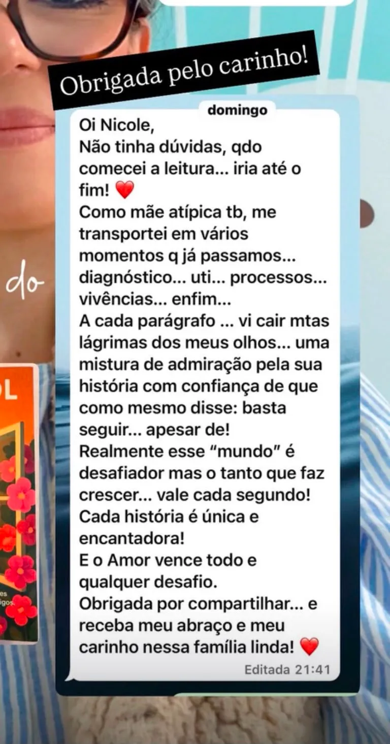 Mensagem de leitora no WhatsApp sobre o livro