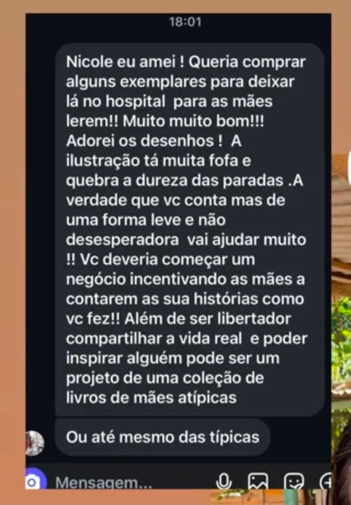 Mensagem de leitora no WhatsApp sobre o livro