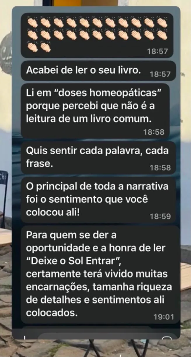 Mensagem de leitora no WhatsApp sobre o livro