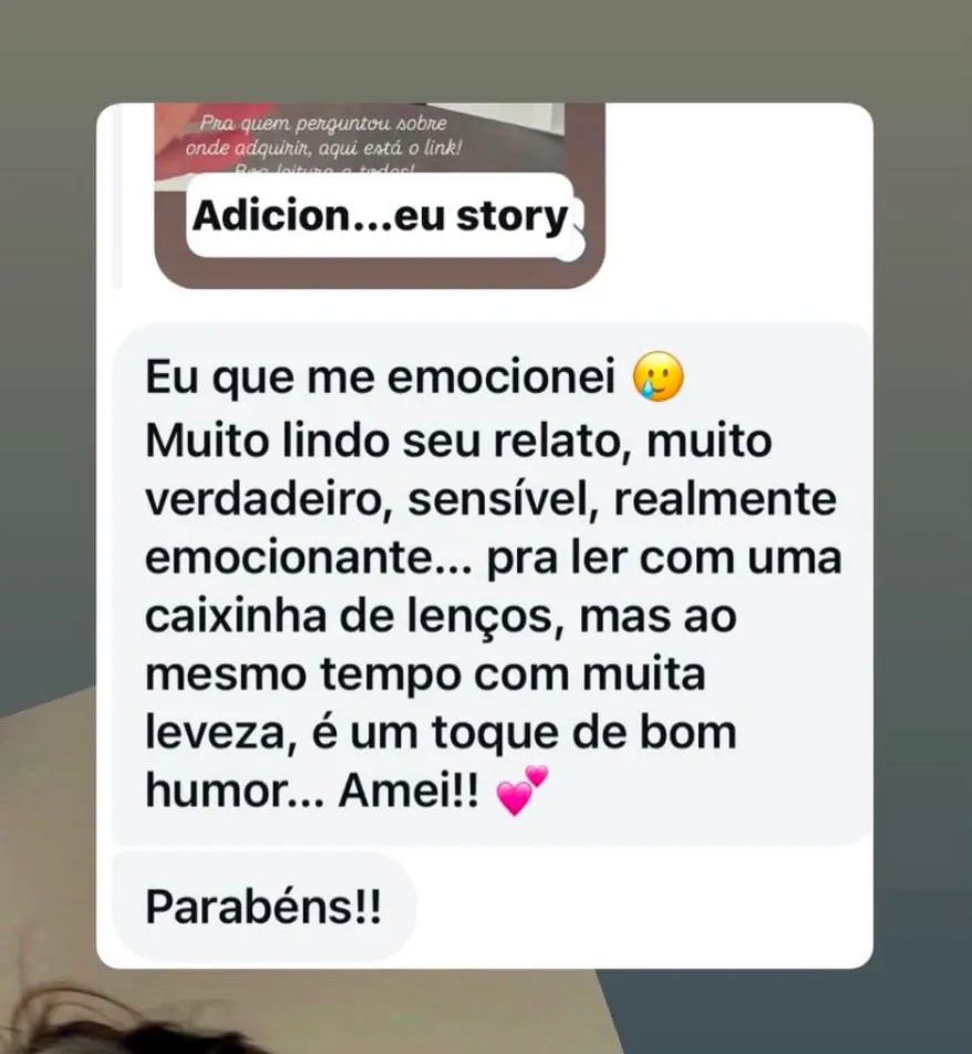 Mensagem de leitora no WhatsApp sobre o livro