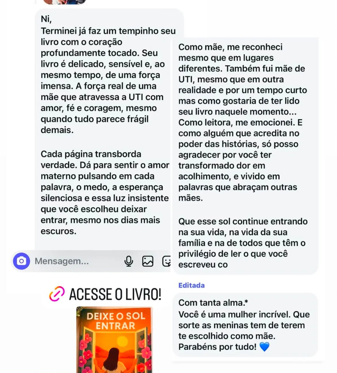 Mensagem de leitora no WhatsApp sobre o livro