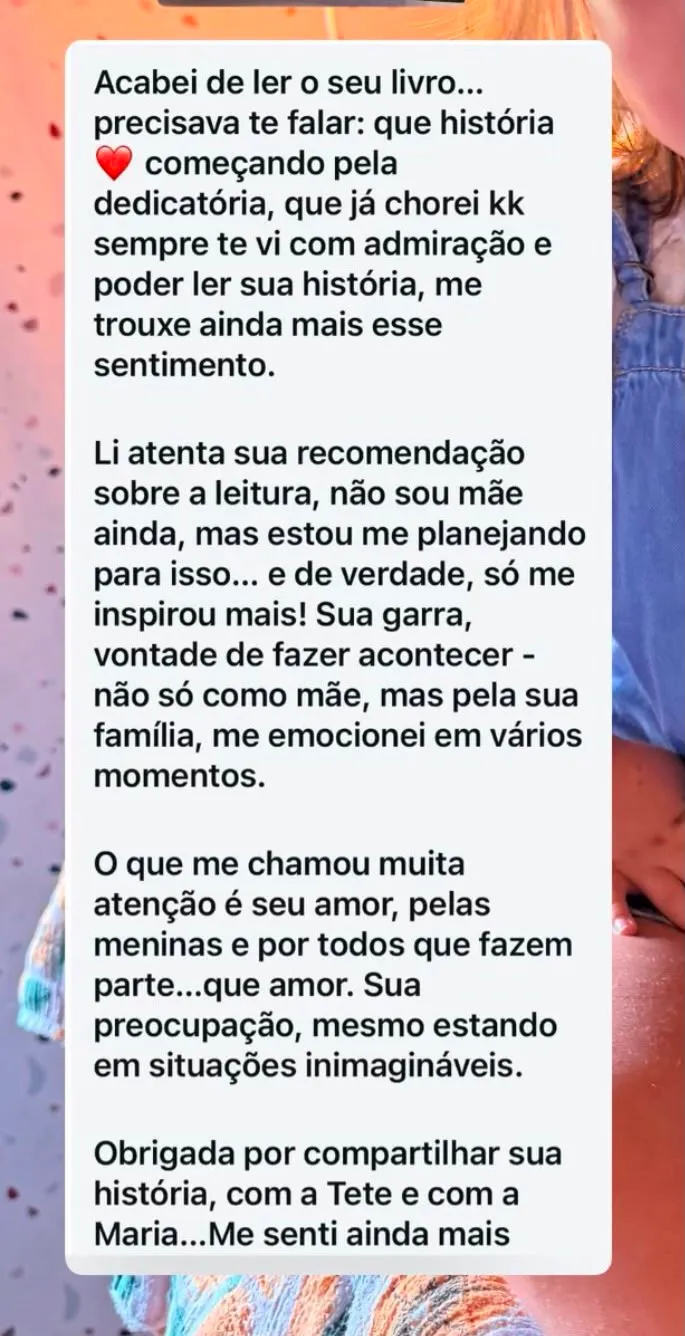 Mensagem de leitora no WhatsApp sobre o livro