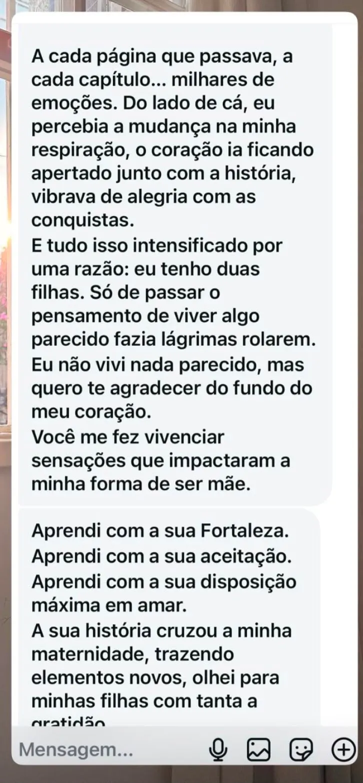 Mensagem de leitora no WhatsApp sobre o livro