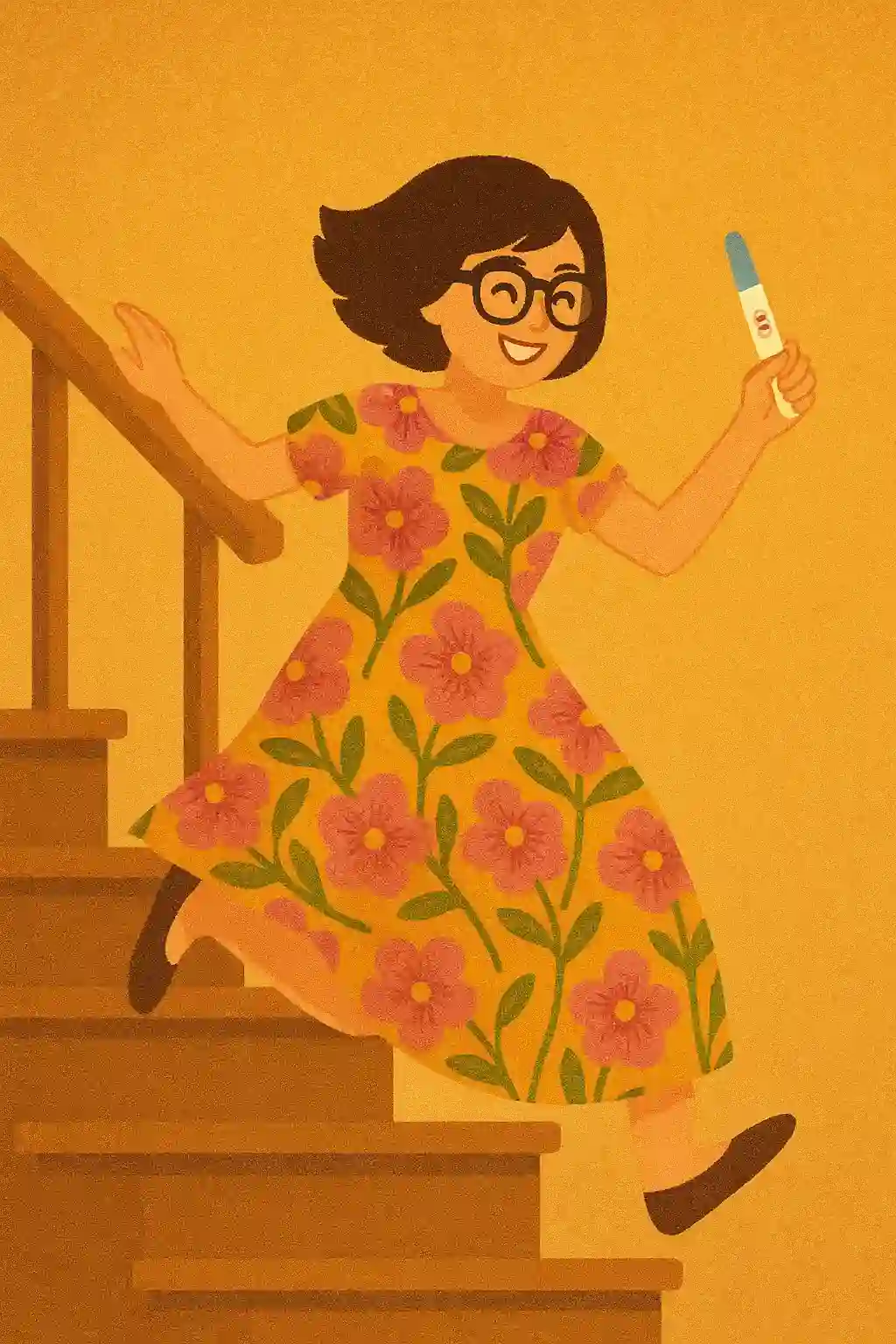 Ilustração de uma mulher descendo a escada de casa com um teste de gravidez na mão