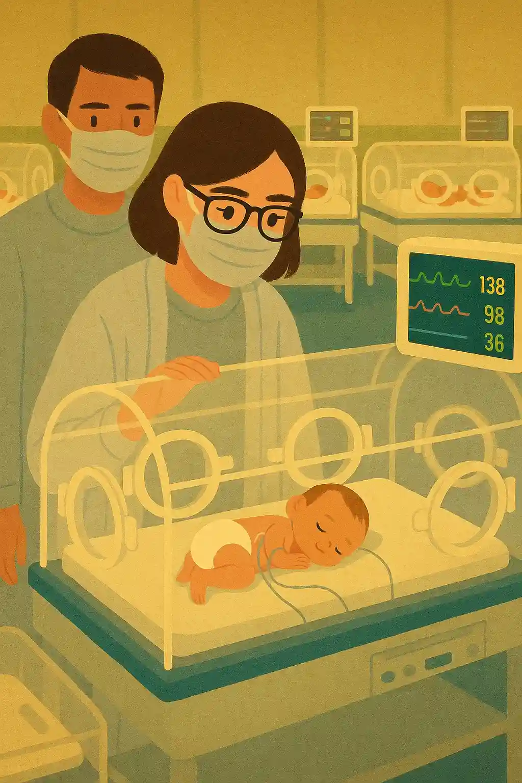 Ilustração de pais de máscara diante da incubadora na UTI neonatal