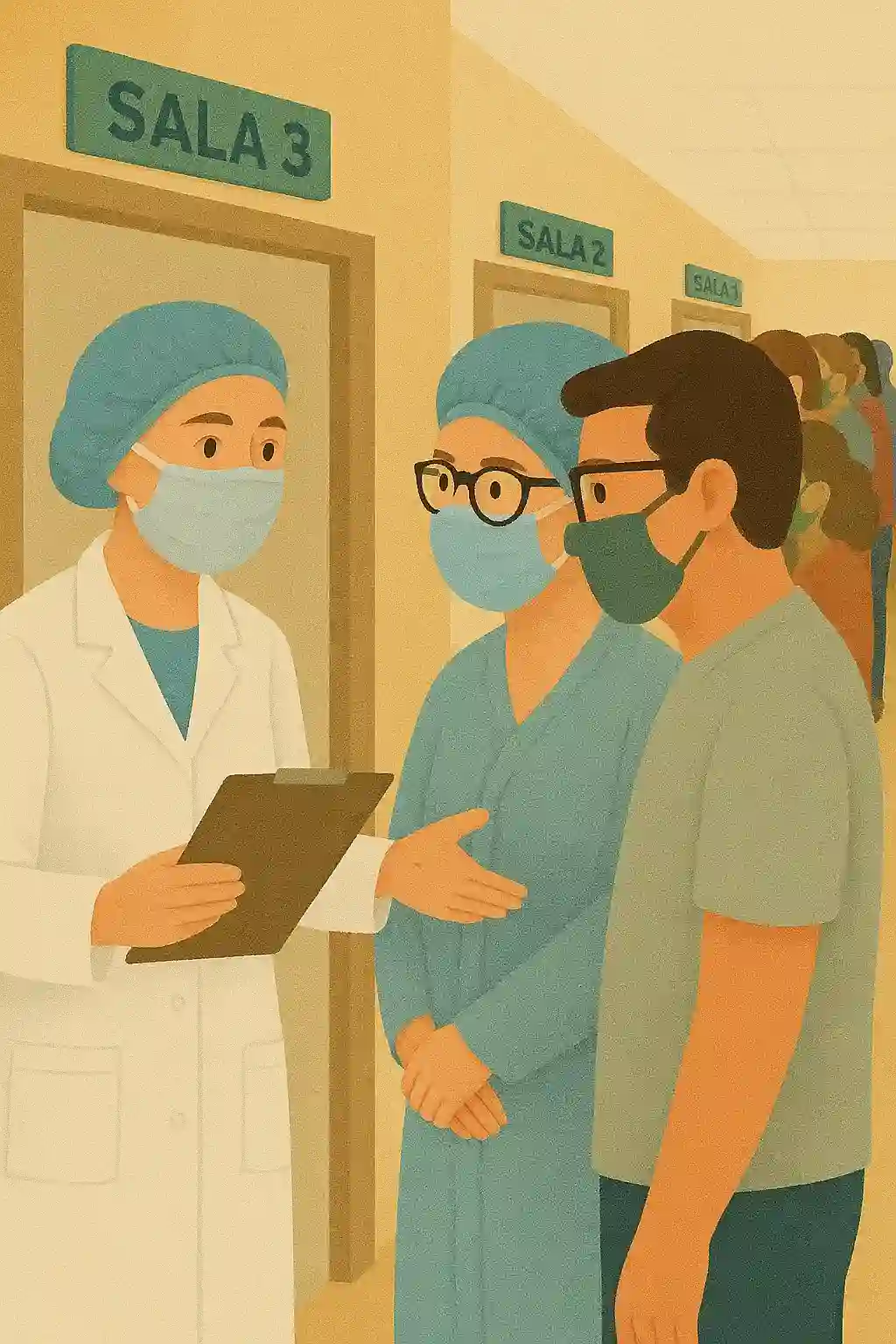 Ilustração de três profissionais de saúde conversando no corredor de um hospital