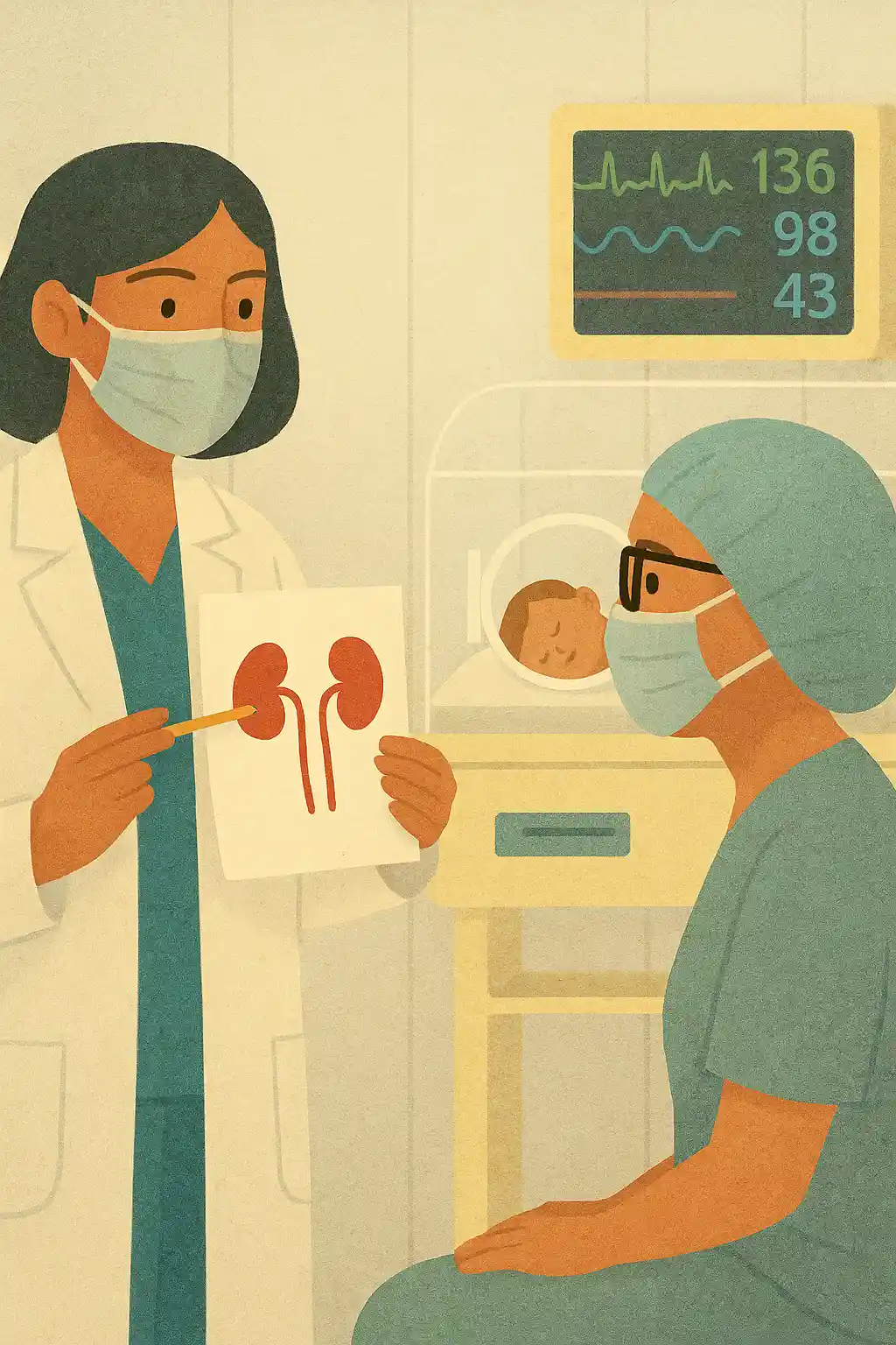 Ilustração de uma médica explicando um exame à mãe, ao lado da incubadora