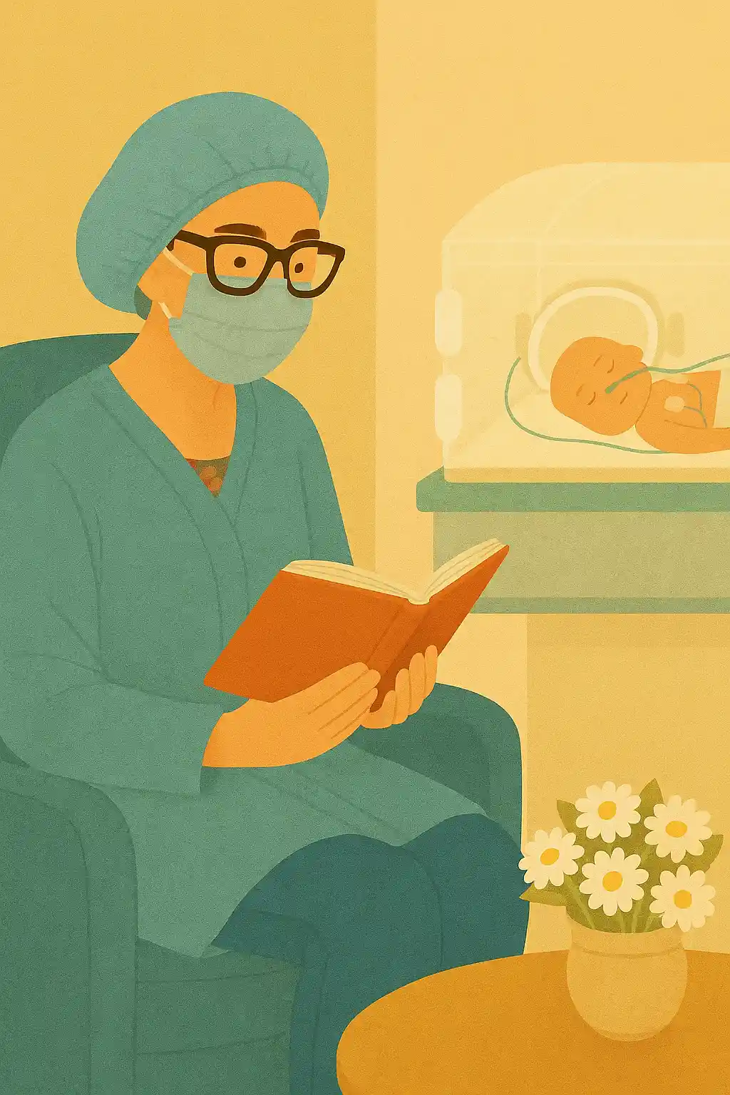 Ilustração de um profissional de saúde lendo um livro, com um bebê na memória